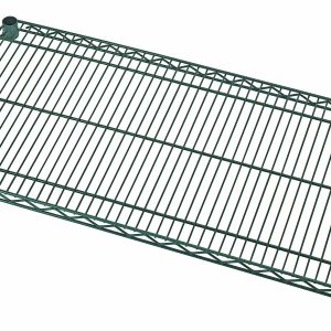 The Quantum Wire Shelf, 24W x 14D with a green epoxy antimicrobial finish and a 600-800 lb capacity, is shown from above with its rectangular grid pattern. Four round black plastic caps are positioned at the corners of this NSF-certified shelving rack.