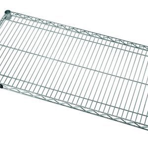 The Quantum Wire Shelf is a 30W x 14D stainless steel shelf with a grid pattern, round plastic corner caps, and a small side label, offering a clean look.