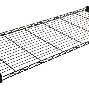 The Quantum Wire Shelf, 42W x 18D, boasts a black epoxy antimicrobial finish and NSF certification. With a grid pattern and reinforced edges, it supports 600-800 lbs with four corner supports for optimal storage or organization.