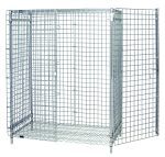 The Quantum Security Unit is a 36W x 18D x 63H rectangular metal wire cage with a chrome finish. It includes a top shelf for extra storage, a bottom shelf, security panel set with back and sides, secure doors, and stands on four posts—ideal for stationary organization or transport.