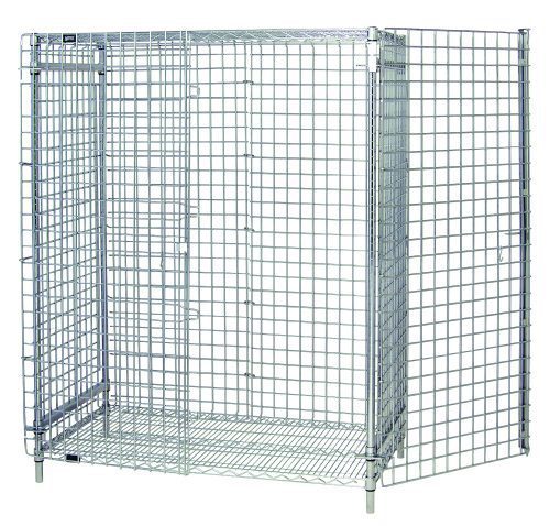 The Quantum Security Unit is a 36W x 18D x 63H rectangular metal wire cage with a chrome finish. It includes a top shelf for extra storage, a bottom shelf, security panel set with back and sides, secure doors, and stands on four posts—ideal for stationary organization or transport.