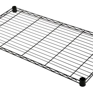 NSF-certified Quantum Wire Shelf in black epoxy antimicrobial finish, measuring 24W x 21D, features a rectangular black metal wire design with grid-like bars and sturdy corner posts, offering a durable 600-800 lb. capacity for versatile storage needs.