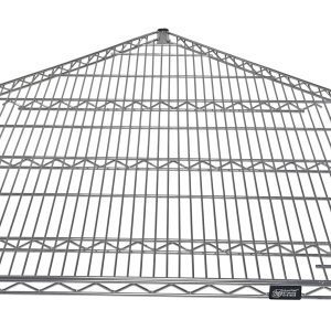 The Quantum tri-corner shelf features a grid pattern and sturdy metal wire frame, perfect for storage or display. Its chrome-plated finish with rounded corners fits neatly in any corner. The visible brand label assures NSF quality for use with 24D adjacent units.