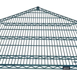 The Quantum Shelf is a green, triangular wire corner shelf with a unique five-sided design for 18D units. It features a grid pattern and three supportive bars parallel to its edges, offering excellent organization for corner spaces.
