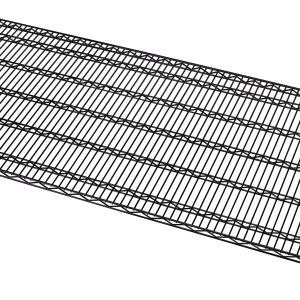 The Quantum Wire Shelf, 54W x 21D, features closely spaced parallel bars with a black epoxy antimicrobial finish and NSF certification. It has an angled, grid-like design with visible corner supports against a plain white background. Capacity ranges from 600-800 lbs.