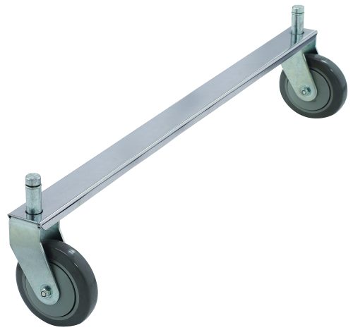 The chrome-plated Quantum Tie Bar, 30W, supports two gray rubber caster wheels with swiveling brackets for easy maneuverability and fits two parallel-positioned rigid casters (not included) for smooth movement.