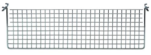 The Quantum Divider, measuring 15W x 4-1/2H, is a chrome-plated metal grid with a rectangular mesh design featuring small square openings. It includes hooks at the top corners for easy attachment and serves as an elegant divider for hanging baskets.
