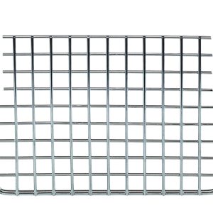 The Quantum Divider features a chrome-plated finish with a rectangular wire mesh design and two top corner hooks for mounting. Measuring 6W x 4-1/2H, its ideal for organizing or compatible with hanging baskets, adding a sleek touch to any space.