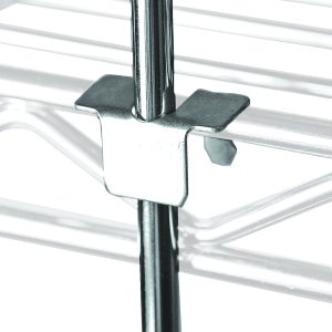 Close-up of a metal shelving unit connection showing a silver bracket securing the Quantum 52 rods with corresponding tabs to horizontal shelves. The shiny surface reflects light, showcasing the sturdy construction typical of industrial shelving, with (3) rods included.