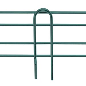 The Quantum Back/Side Ledge, measuring 36W x 4H, comes in a green epoxy antimicrobial finish with two horizontal bars and four vertical legs to support climbing plants. Elegant loops at the bar ends provide an attractive design against a white background.
