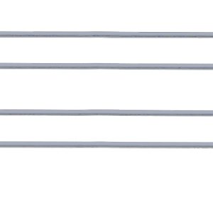 The Quantum Back Ledge measures 60W x 4H and features a gray epoxy antimicrobial finish, with vertical and horizontal segments forming three main sections. Its looped ends give it a ladder-like appearance.