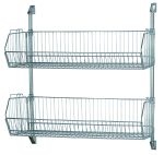 The Quantum Cantilever Baskets Post Wall Mount features two wire baskets, each 36W x 14D, with angled vertical bars for organization. Includes two 34 posts and four wall mounts. Its chrome-plated finish makes it ideal for home or office use.