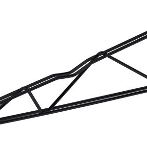 The image displays the Quantum Cantilever Single Shelf Post Wall Mount with black metal frame and loops, featuring (2) 12 single post cantilever arms in a triangular and quadrilateral design. Its sleek Black Epoxy Antimicrobial Finish makes it perfect for mounting stylishly.