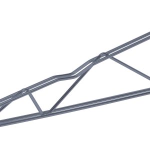 The Quantum Cantilever Single Shelf Post Wall Mount, featuring a gray metal truss with intersecting bars, includes (2) 12 single post cantilever arms and (4) post mount brackets. It is finished in gray epoxy antimicrobial coating, with a cylindrical attachment on one end and a loop on the other.