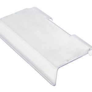 A Quantum Clear Lid designed for Bin QUS232 is shown on a white background, featuring a lightweight, smooth look with rounded edges and a slightly curved form. Its sold individually but comes in cartons of 8.