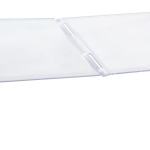 The Quantum Clear Lid for Bin QUS248 showcases an angled view, featuring a translucent plastic design with an open front flap. Its empty and set against a white background, available in quantities of 6 per carton.