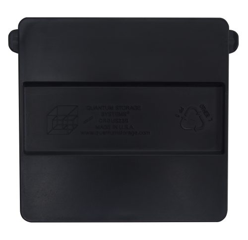 The black plastic lid (pack of 6) has a recessed central grip and is embossed with Quantum Storage Systems and Made in USA. It features the recycling symbol on the top right, designed for bin QUS238 use with Quantum Cross Dividers.