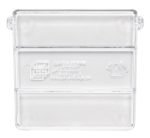 The Quantum Cross Divider, designed for Qus238 bins, is a clear, rectangular plastic container lid with recycling symbols and company details embossed on it. Featuring two side protrusions at the top, its made in the USA and comes in a convenient pack of 6.