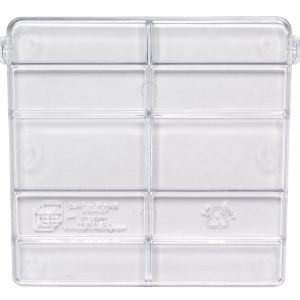 The Quantum Cross Divider, a clear plastic tray made in the USA, includes six compartments with a transparent design showing recycling symbols and embossed text.