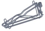 A sleek metal folding luggage rack with a simple design, resembling the Quantum Cantilever Multiple Shelf Post Wall Mount, featuring thin rods forming a triangular shape and connected with a circular clasp akin to post mount brackets.