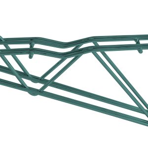 The product is a green Quantum Cantilever Multiple Shelf Post Wall Mount with a geometric design, comprising a 12 double post cantilever arm and two post mount brackets, featuring an NSF-certified antimicrobial finish and isolated on a white background.