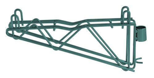 The product is a green Quantum Cantilever Multiple Shelf Post Wall Mount with a geometric design, comprising a 12 double post cantilever arm and two post mount brackets, featuring an NSF-certified antimicrobial finish and isolated on a white background.
