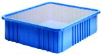 This Quantum Dust Cover Inlay, compatible with DG93030, DG93060, DG93080, and DG93120, is a sturdy blue plastic storage tote featuring a clear lid and ribbed sides for organizing or storing items. Made in the USA.