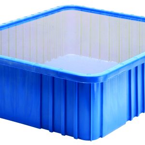 This Quantum Dust Cover Inlay, compatible with DG93030, DG93060, DG93080, and DG93120, is a sturdy blue plastic storage tote featuring a clear lid and ribbed sides for organizing or storing items. Made in the USA.