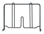 The Quantum Wire Shelf Divider, measuring 12D x 8H, is a black metal wire stand with a black epoxy antimicrobial finish. It features three vertical sections and a flat base with small feet for stability, forming a U-shaped gap, ideal for shelf division on a white background.