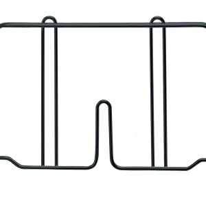 The Quantum Wire Shelf Divider, measuring 12D x 8H, is a black metal wire stand with a black epoxy antimicrobial finish. It features three vertical sections and a flat base with small feet for stability, forming a U-shaped gap, ideal for shelf division on a white background.