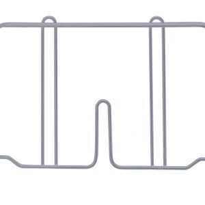 The Quantum Wire Shelf Divider has a silver metal finish with antimicrobial gray epoxy, featuring a rectangular shape and three vertical support bars. Measuring 12D x 8H, it includes a U-shaped holder and stabilizing feet, perfect for organizing or drying items like dishes or trays.