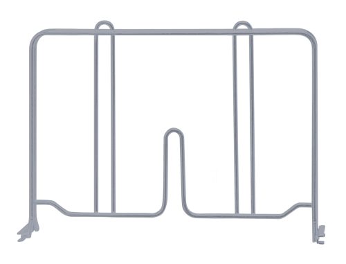 The Quantum Wire Shelf Divider has a silver metal finish with antimicrobial gray epoxy, featuring a rectangular shape and three vertical support bars. Measuring 12D x 8H, it includes a U-shaped holder and stabilizing feet, perfect for organizing or drying items like dishes or trays.