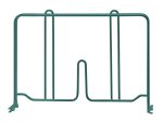 The Quantum Wire Shelf Divider, 12D x 8H, features a green epoxy antimicrobial finish and a simple metal wireframe design with two upright bars and central support for secure storage.