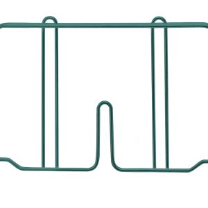 The Quantum Wire Shelf Divider, 12D x 8H, features a green epoxy antimicrobial finish and a simple metal wireframe design with two upright bars and central support for secure storage.