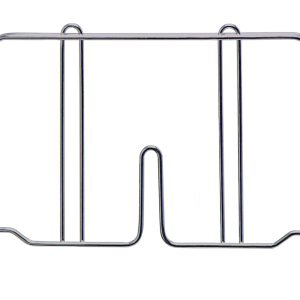 The Quantum Wire Shelf Divider, 12D x 8H, is a chrome-plated rack made from 304 stainless steel. It features a rectangular frame with two vertical dividers, a U-shaped notch, and is supported by four small rubber-tipped feet.