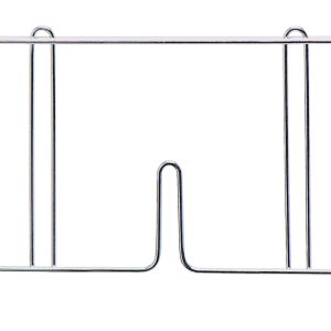 The Quantum Wire Shelf Divider, with a chrome-plated finish and dimensions of 14D x 8H, functions as both a book holder with two vertical supports and a U-shaped base and a stylish shelf divider.
