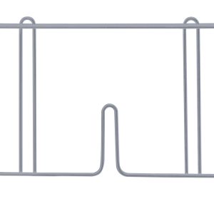 The Quantum Wire Shelf Divider, 14D x 8H, in a sleek gray epoxy antimicrobial finish, is rectangular with two vertical center bars and top hooks. Its base elegantly curves into a U-shape, making it perfect for stylishly showcasing items.