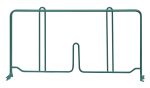 The Quantum Wire Shelf Divider features a green epoxy antimicrobial finish for durability and protection against the elements. Designed for supporting plants, it measures 14D x 8H and has three vertical prongs with two curved top handles. Set against a plain white background.