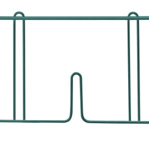 The Quantum Wire Shelf Divider features a green epoxy antimicrobial finish for durability and protection against the elements. Designed for supporting plants, it measures 14D x 8H and has three vertical prongs with two curved top handles. Set against a plain white background.