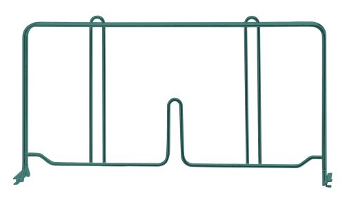 The Quantum Wire Shelf Divider features a green epoxy antimicrobial finish for durability and protection against the elements. Designed for supporting plants, it measures 14D x 8H and has three vertical prongs with two curved top handles. Set against a plain white background.