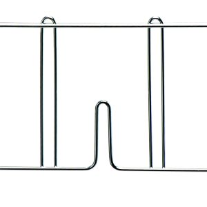 The Quantum Wire Shelf Divider, with a chrome-plated finish and dimensions of 18D x 8H, resembles a sleek rectangular metal bed rail featuring vertical bars for safety and support.