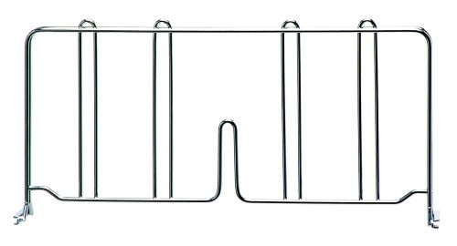 DIV18.jpg The Quantum Wire Shelf Divider, with a chrome-plated finish and dimensions of 18D x 8H, resembles a sleek rectangular metal bed rail featuring vertical bars for safety and support.