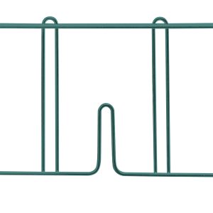 The Quantum Wire Shelf Divider, measuring 18D x 8H, features a green epoxy antimicrobial finish with three vertical dividers and a U-shaped cutout at the bottom center, ideal for organizing and keeping books upright.