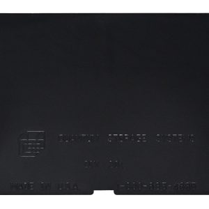 A pack of 25 black plastic Quantum Drawer Dividers, for use with IDR201, featuring a slight notch on the bottom edge and embossed with Quantum Storage Systems and a contact number; made in the USA.