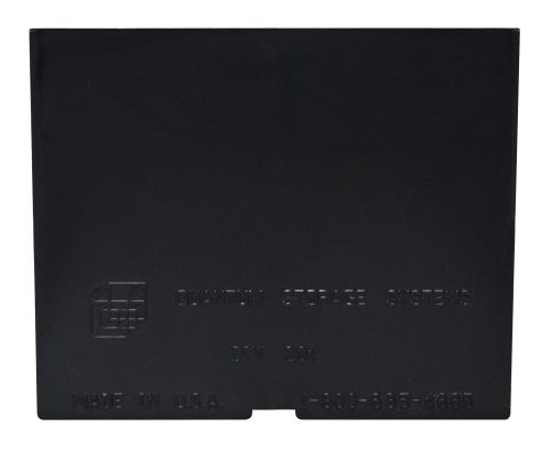 A pack of 25 black plastic Quantum Drawer Dividers, for use with IDR201, featuring a slight notch on the bottom edge and embossed with Quantum Storage Systems and a contact number; made in the USA.