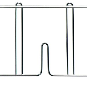 The Quantum Wire Shelf Divider, measuring 21D x 8H, features multiple vertical bars and a central opening at the bottom. Its chrome-plated finish offers a simple yet functional design for organizing or supporting items.