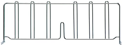 The Quantum Wire Shelf Divider, measuring 21D x 8H, features multiple vertical bars and a central opening at the bottom. Its chrome-plated finish offers a simple yet functional design for organizing or supporting items.
