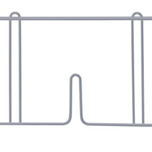 The Quantum Wire Shelf Divider, measuring 21D x 8H, is crafted with a small central notch and simple metal frame with evenly spaced vertical supports. It fits inside storage units and features a gray epoxy antimicrobial finish for efficient organization.