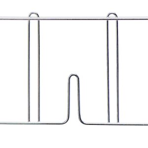 The Quantum Wire Shelf Divider, 24D x 8H, has a chrome-plated finish and vertical slots for holding bread. Designed to fit over a toaster, it ensures even toasting and includes two small hooks at the bottom for securing it in place.