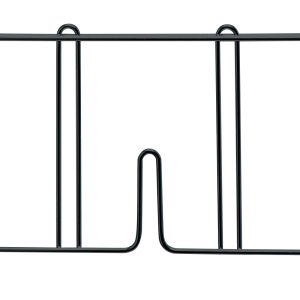 The Quantum Wire Shelf Divider, measuring 24D x 8H, features a black epoxy antimicrobial finish and comes with four hooks on top. It has vertical bars and rounded top edges for easy organization or support.